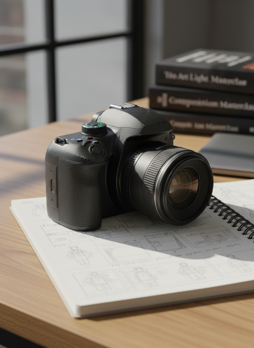 A weathered, matte-black DSLR camera body with a slightly scuffed grip and a 50mm prime lens attached, resting diagonally on an open spiral-bound sketchbook filled with faint thumbnail compositions and exposure notes. The camera’s buttons, dials, and textured rubber surfaces are crisply defined. It sits on a light oak desk near a large studio window. Late afternoon natural light pours in from the left, creating soft, directional highlights on the camera and gentle shadows across the notebook pages. The background fades into a subtle blur of stacked photography textbooks and a closed laptop. Shot from a slightly elevated angle with a shallow depth of field, photographic realism, modern and clean, evoking thoughtful, focused creative study.